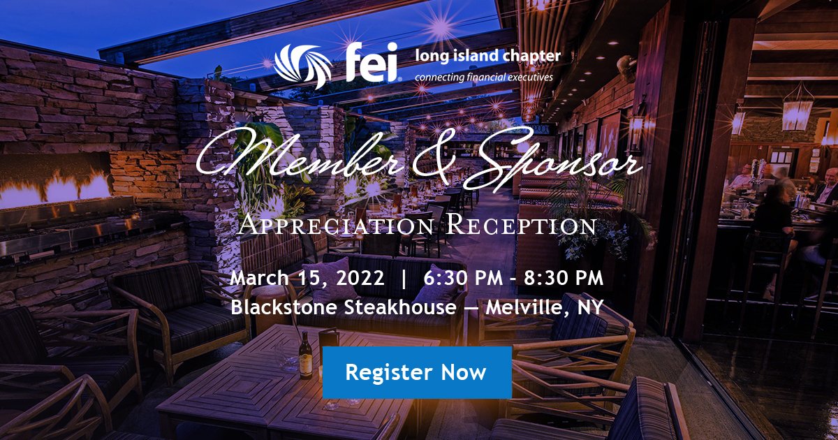 Come together at Blackstone Steakhouse on March 15 with the Long Island Chapter of FEI for an in-person cocktail reception! 

Food and beverage will be available all evening, open to current and prospective members and sponsors. Register here: ow.ly/cxcl50HPr7n