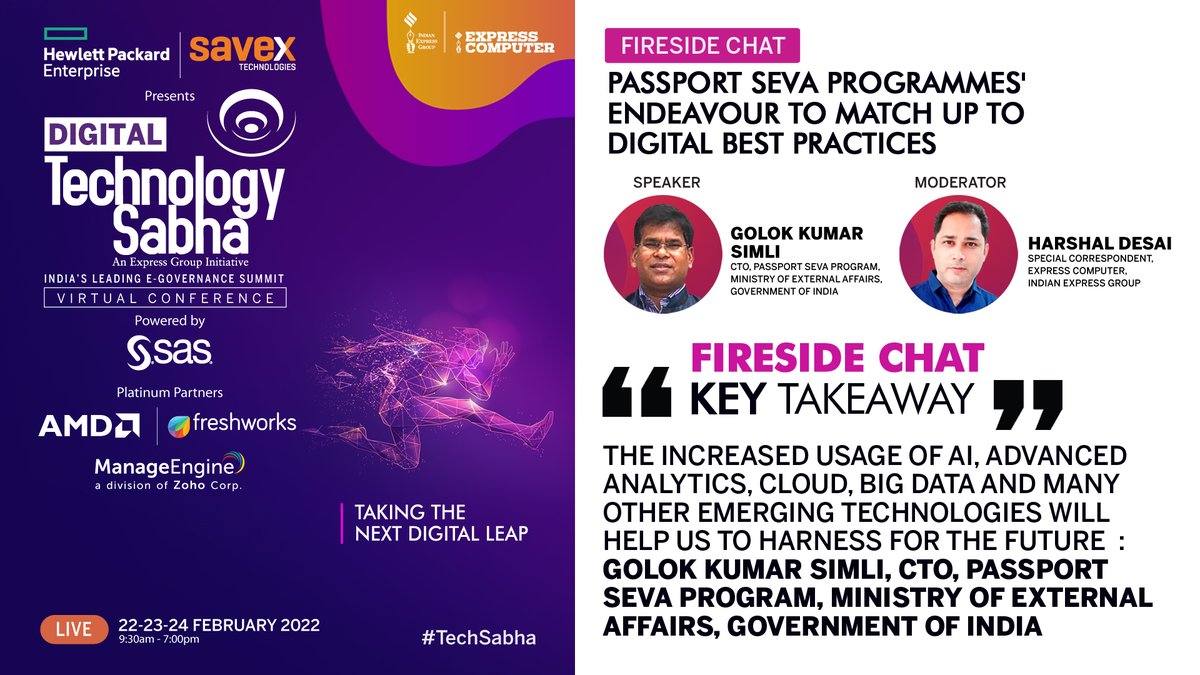 ExpComputer's tweet photo. #FiresideChat Takeaway: 'The increased usage of AI, advanced analytics, Cloud, Big Data and many other Emerging Technologies will help us to harness for the future': @ctopassportseva #CTO, #PassportSevaProgram, @meaindia1 at the Digital #TechSabha 2022
@srikrp @H_Y_DESAI https://t.co/YGCxQnPehW