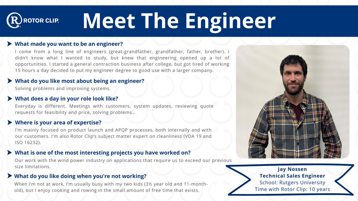 RotorClip's tweet photo. Today's #MeetTheEngineer is Jay. Jay is one of our Technical Sales Engineers, who has been with Rotor Clip for nearly 10 years! Check out his spotlight for more about his experience as an engineer! βοΈ #EngineersWeek #Engineering https://t.co/88YHxsWvLV