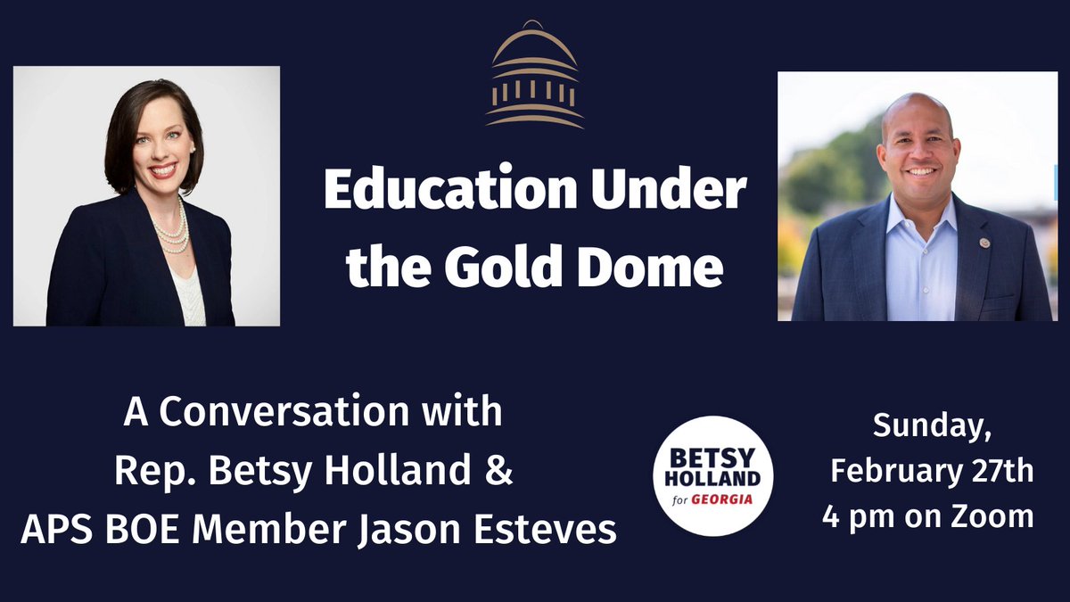 Rep. Betsy Holland, HD54 (@betsyforgeorgia) on Twitter photo It's going to be a rainy Sunday! Why not join me & <a href="/jasonesteves/">Jason Esteves</a> for an hour to talk about the education bills working their way through the General Assembly? Pre-register for the Zoom link here: us06web.zoom.us/meeting/regist… It's going to be a rainy Sunday! Why not join me & <a href="/jasonesteves/">Jason Esteves</a> for an hour to talk about the education bills working their way through the General Assembly? Pre-register for the Zoom link here: us06web.zoom.us/meeting/regist…