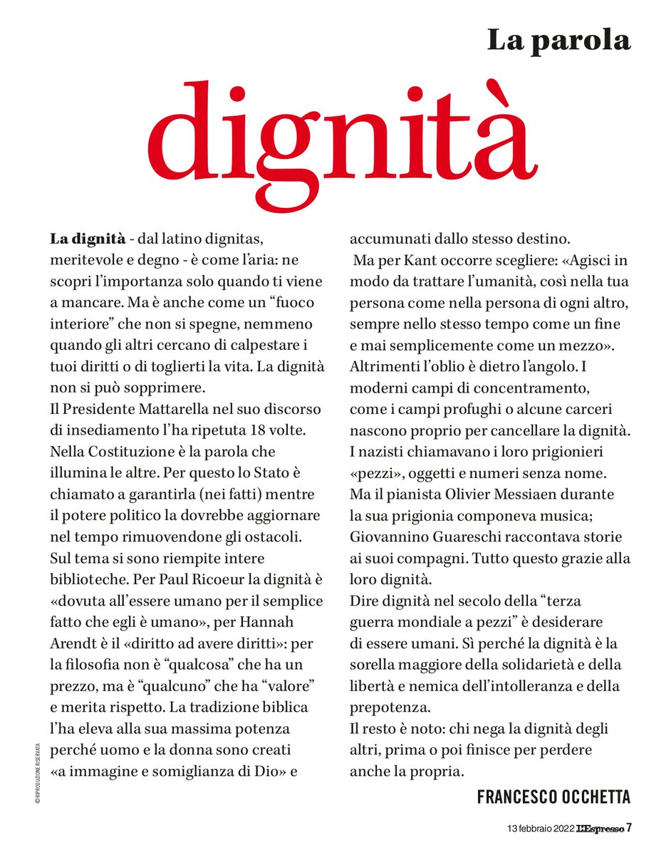 PersonaCentro's tweet photo. "Dare dignità nel secolo della "terza guerra mondiale a pezzi" è desiderare di essere umani. Sì perché la dignità è la sorella maggiore della solidarietà e libertà...Chi nega la dignità degli altri, prima o poi finisce per perdere anche la propria "▶️@OcchettaF su @espressonline https://t.co/aUmDYsey1i