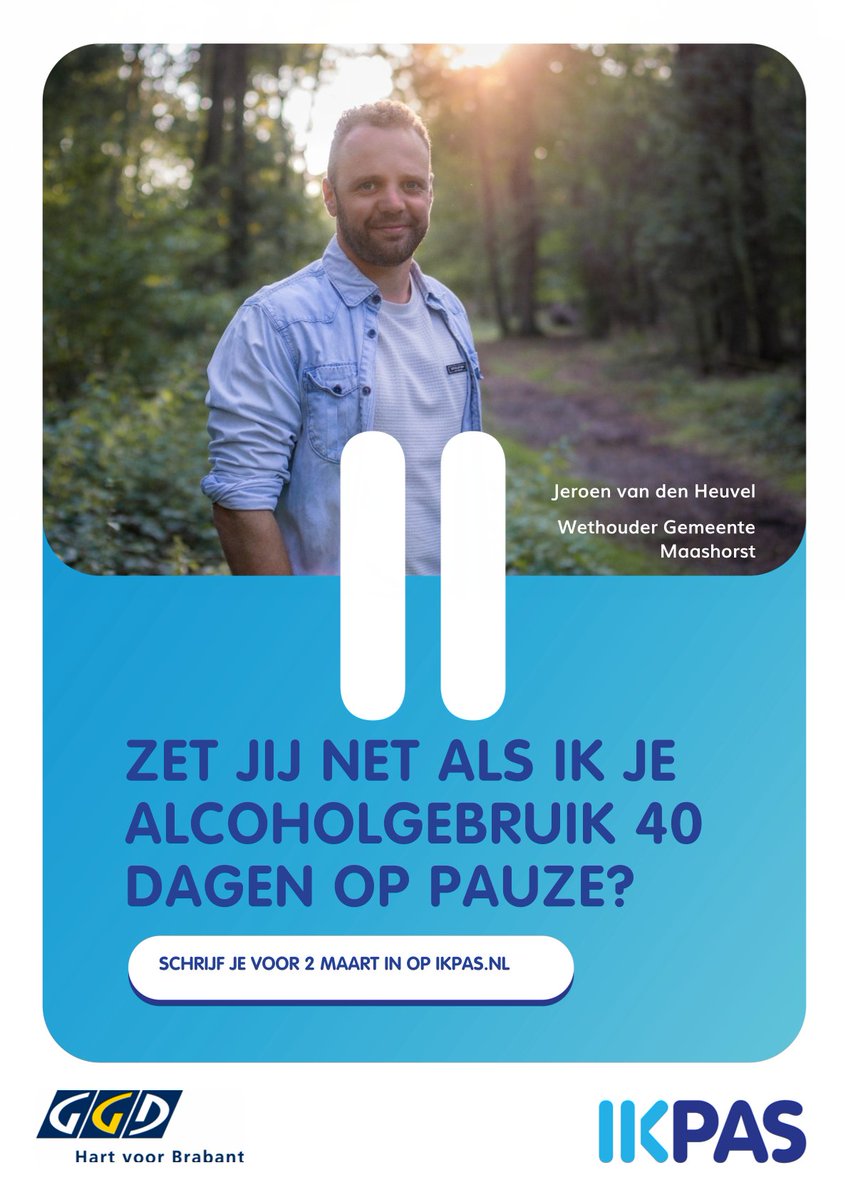 Met IkPas ga je een uitdaging aan met jezelf. Drink een maand geen alcohol en kijk wat dat met je doet; zet je alcoholgebruik op pauze! Schrijf je - net als wethouder Jeroen van den Heuvel - in en doe mee. Ga voor meer info en om je in te schrijven naar ikpas.nl.