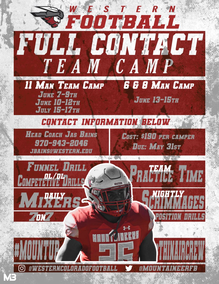 2022 @MountaineerFB Full Contact Team Camps --- For more information please contact me at (970) 943-2046 or jbains@western.edu . 1,300+ campers / 40+ high school teams each summer. Only a few spots remaining. #MountUp #ThinAirCrew #FullContactTeamCamp