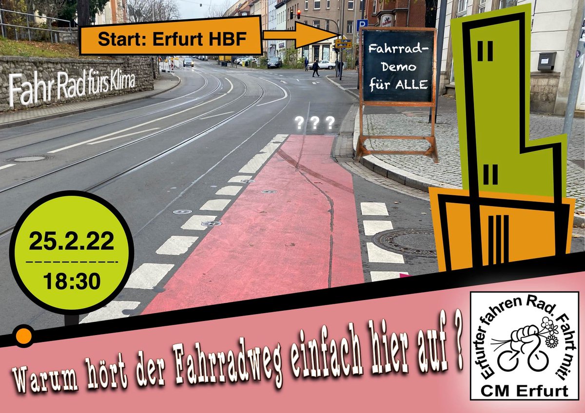 Na, schon Sehnsucht gehabt?
Die erste #criticalMassErfurt in 2022 - diesen Freitag/übermorgen. 
#Treffpunkt wie immer - 18:30 Uhr ab #HauptbahnhofErfurt

#Motto: Warum hört der Fahrradweg hier einfach auf.

#CMFebruar #Erfurt #CMerfurt #AufmerksamkeitSchaffen