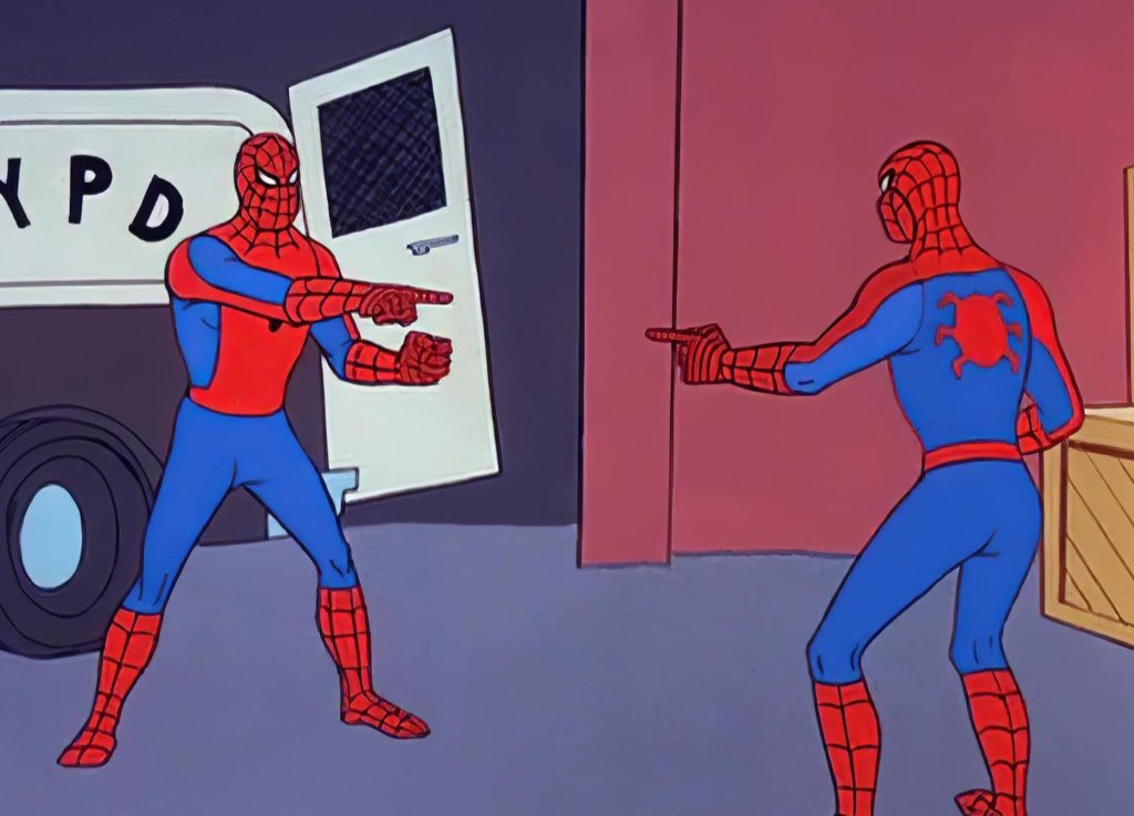 ProjBigScreen's tweet photo. New official image of all three Spider-Man actors finally released by Sony and Marvel Studios. Photo involving Tom Holland, Tobey Maguire, and Andrew Garfield makes reference to famous 1967 Spider-Man meme. https://t.co/2tvVeV1BVr