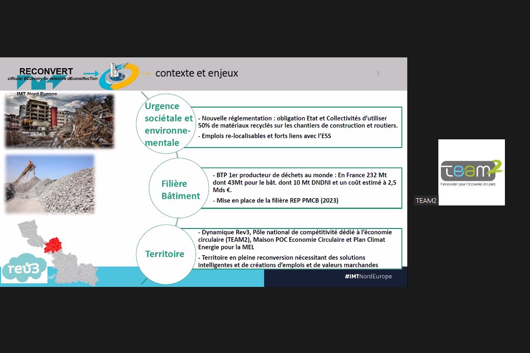 IMT_NordEurope's tweet image. 👉Présentation de la Chaire #RECONVERT #IMTNordEurope lors de la conférence @PoleTeam2 dédiée à la gestion des déchets du #BTP sur le territoire de la @MEL_Lille. 🧐