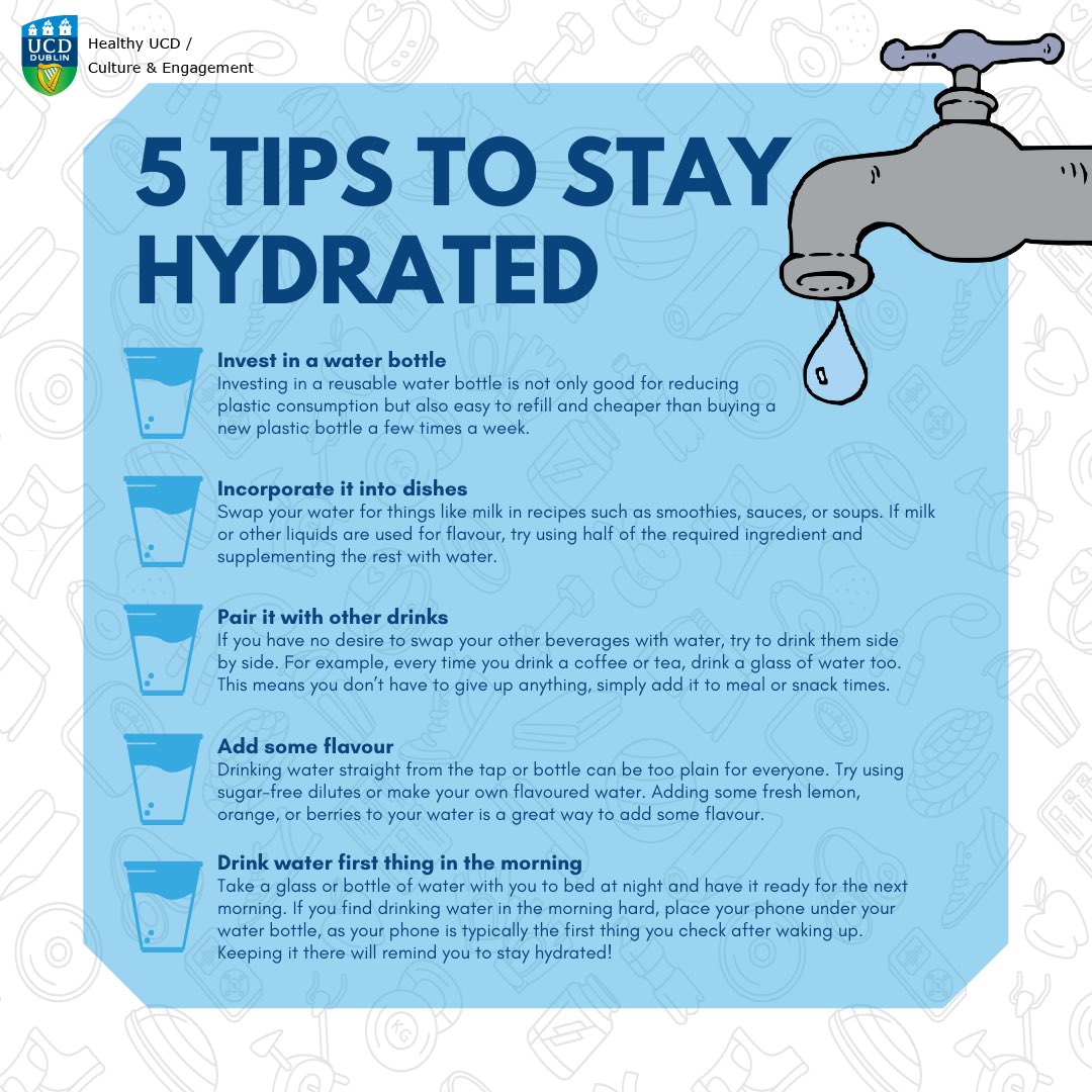 HealthyUCD's tweet photo. Staying adequately hydrated is an important component of leading a healthy life. Good hydration ensures the body can function correctly so here are some tips to help you increase or maintain your water intake.🚰🧊💧
#fiveplus #hydration https://t.co/AIPMaEmEVK
