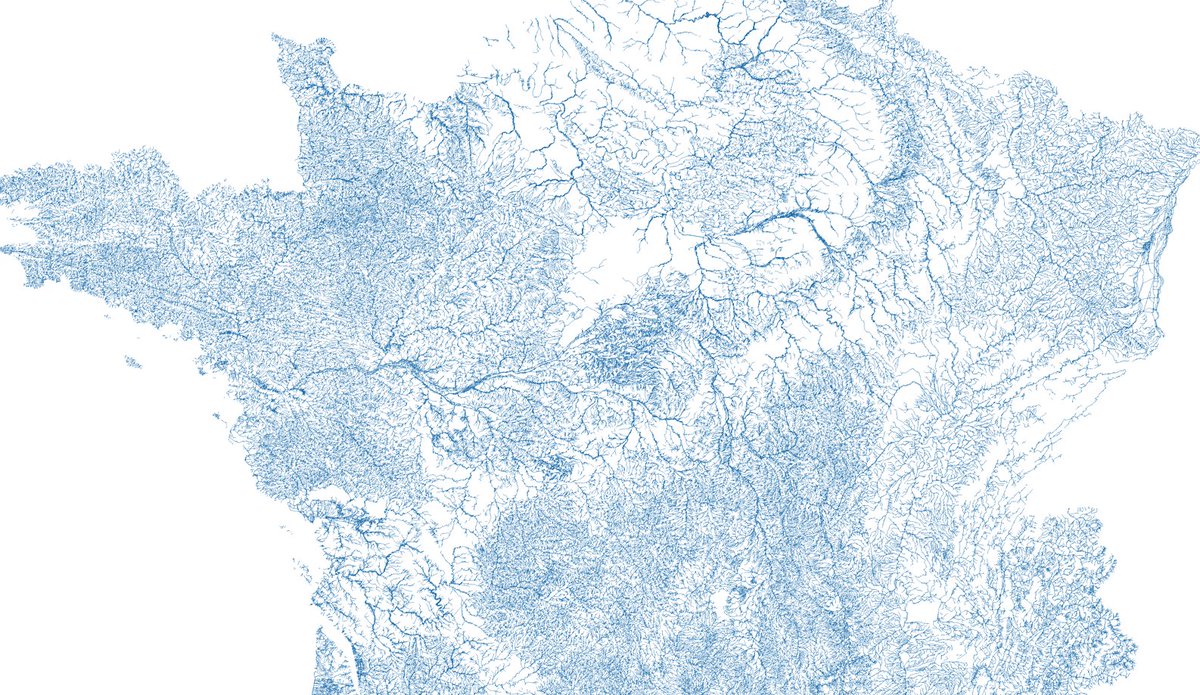 JulesGrandin's tweet photo. 🗺 🌊 La France métropolitaine cartographiée uniquement par ses cours d'eau (grâce à la BD Topage, affichée dans @qgis) https://t.co/SS1rl2PoO6
