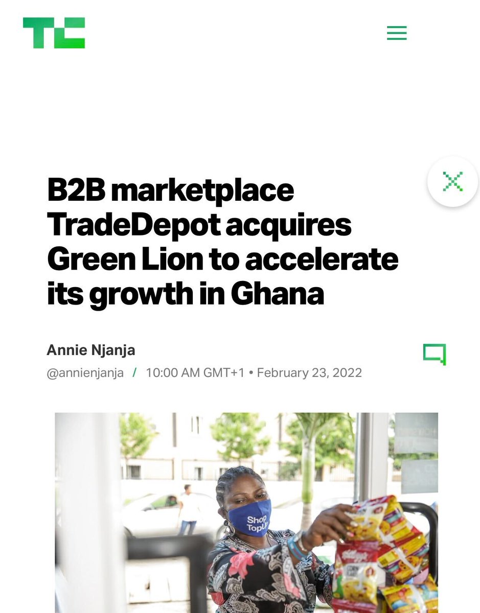 Congrats to <a href="/tradedepotHQ/">TradeDepot</a> led by <a href="/kachizukanne/">Onyekachi Izukanne</a> <a href="/rawaritefe/">Ruke Awaritefe</a> &amp; Michael Ukpong, on their acquisition of Green Lion, one of Ghana's largest B2B e-commerce platforms! 🚀

This acquisition will enable TradeDepot to expand its growth across Ghana.

Read more 👉🏽 tcrn.ch/3BGNw81