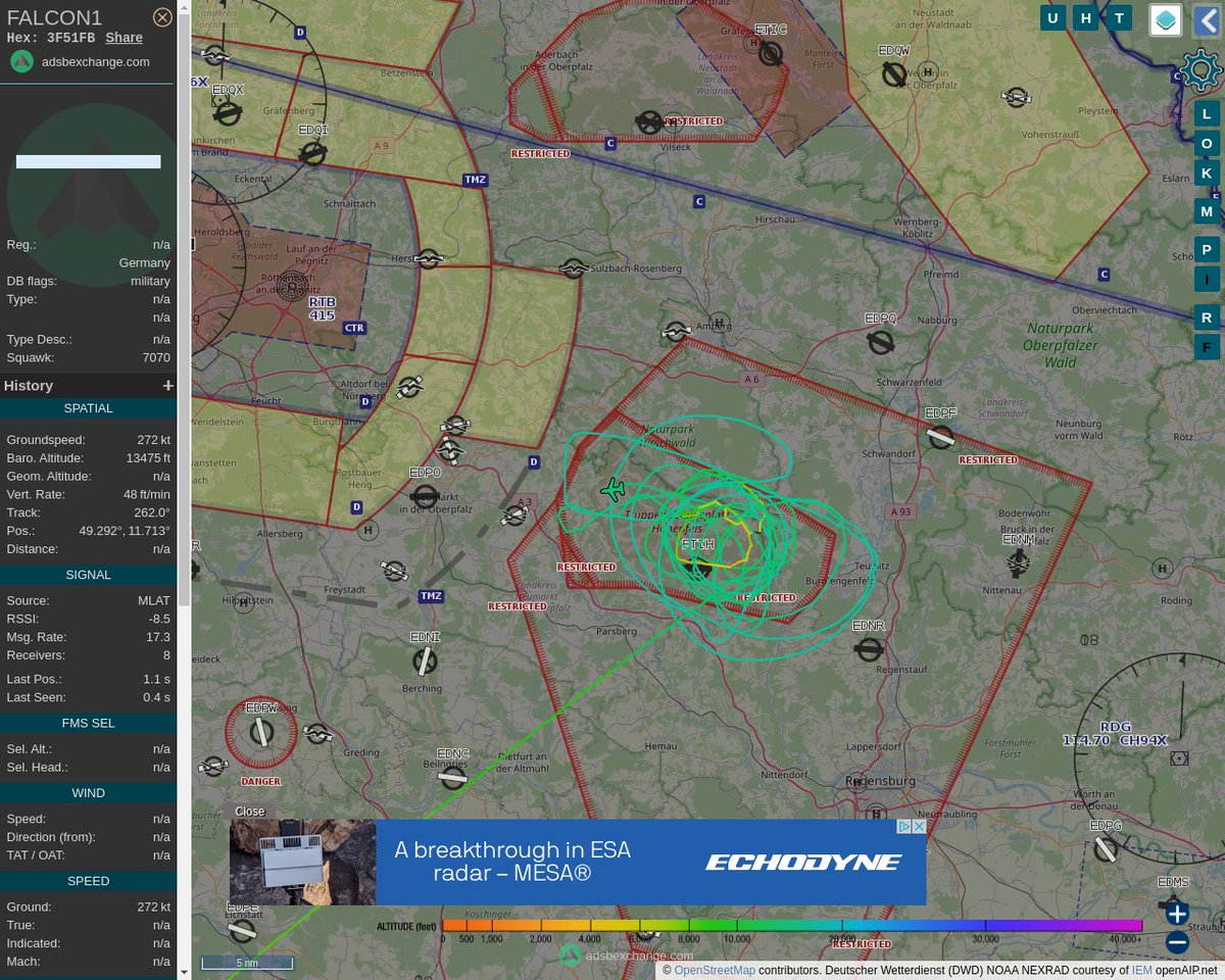 Radar_Assistant's tweet image. MULTI ADSBX CIRCLING ALERT : At time Wed Feb 23 14:06:20 2022 #FALCON1  was likely to be circling at FL153 4nm from HFX Hohenfels_NDB_DE
 near Eglsee, Landkreis Amberg-Sulzbach, Bayern, 92287,  #AvGeek #ADSB globe.adsbexchange.com/?icao=3F51FB&amp;amp;z…