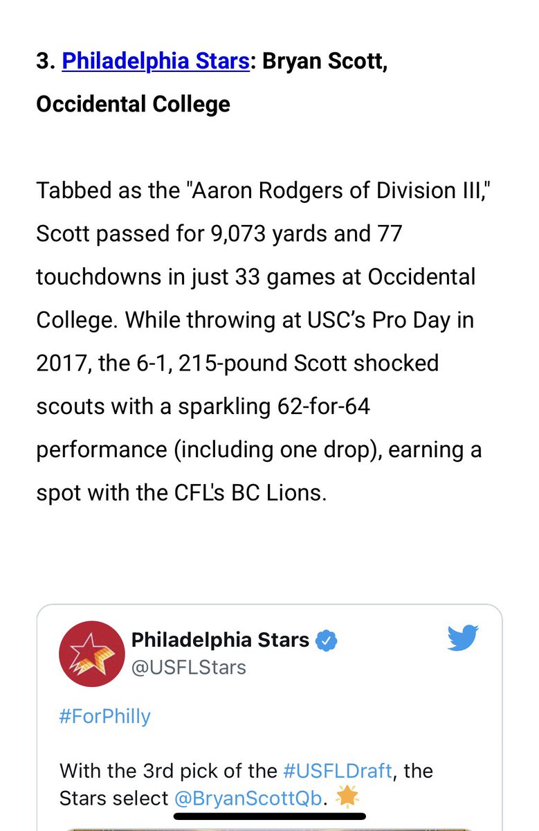 DStDennis's tweet photo. Philly just got @AaronRodgers12 !! The Division lll version of him for Philly’s USFL team 😂 #USFLDraft #NFL #bryanscott https://t.co/YbxZoT406s