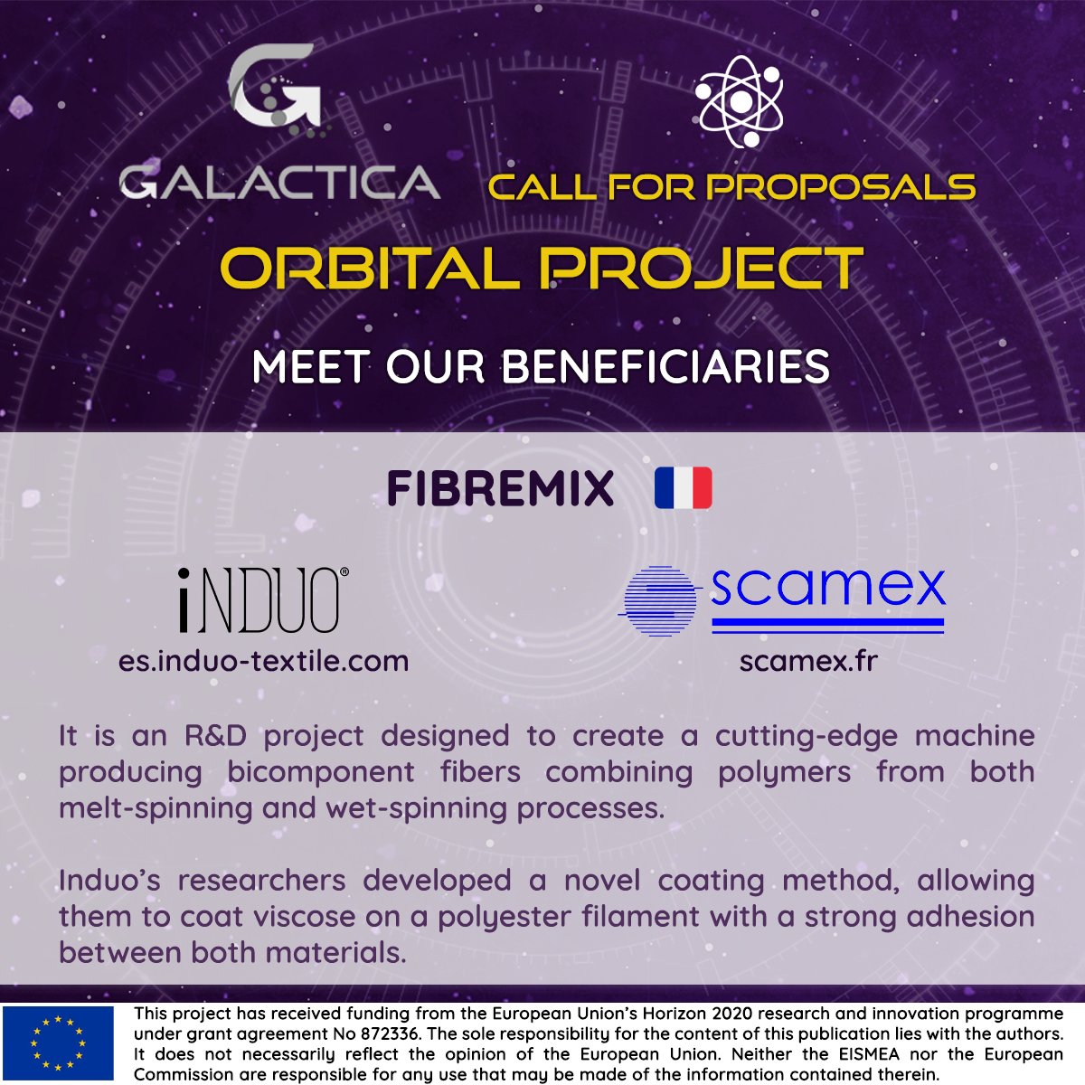 GALACTICA_EU's tweet photo. 🏆Meet our #OrbitalProject beneficiaries.
🇫🇷 Scamex (#advancedmanufacturing partner) and Induo (#textile partner) are developing a cutting-edge machine able to produce biocomponent fibers combining polymers from different spinning processes.
#Innosup @EU_EISMEA @EU_Growth https://t.co/e17zVmSNkb