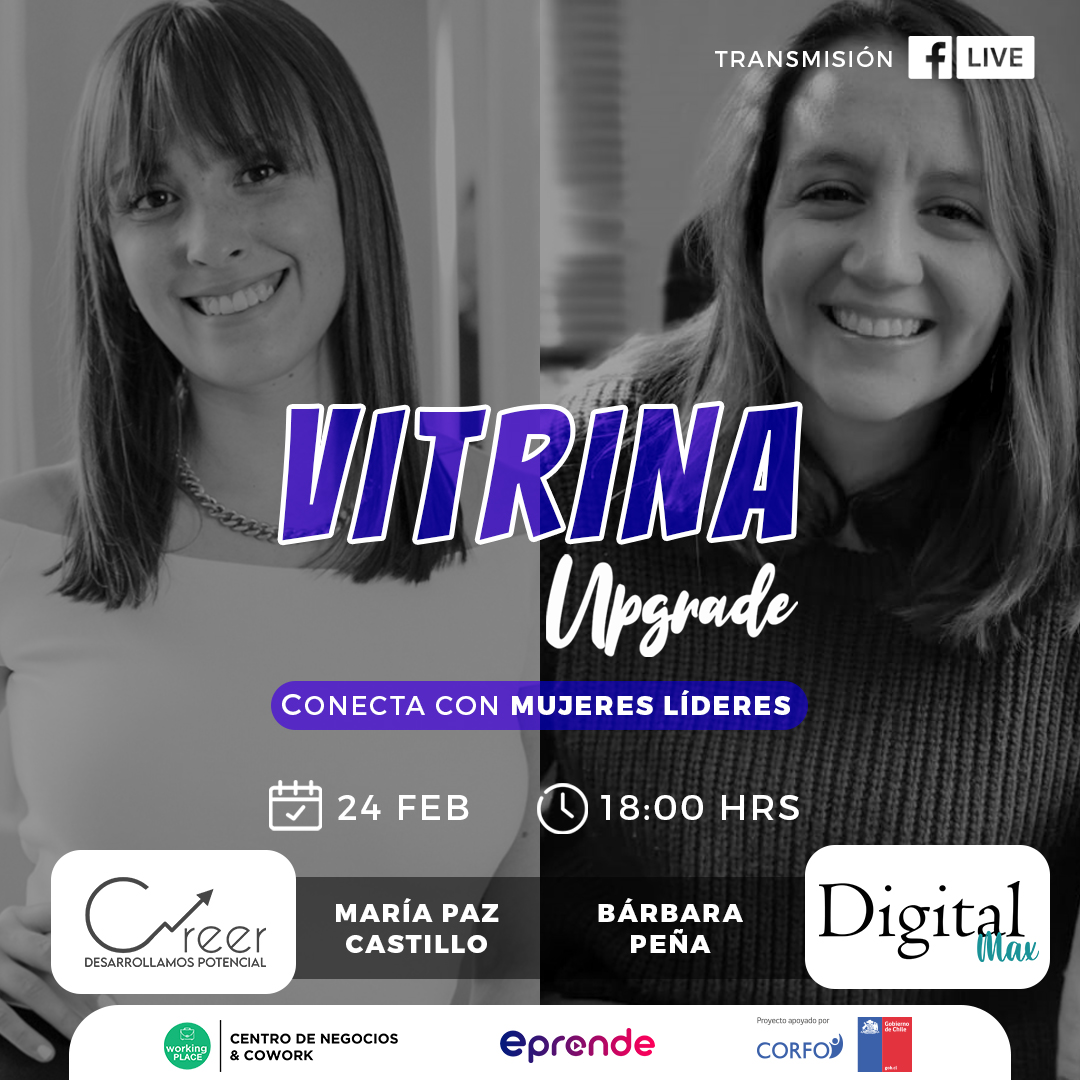 Jueves 24 Feb | Vitrina Upgrade⭐

Te invitamos a conocer dos nuevas emprendedoras que participan del Diplomado para Mujeres Líderes👩‍🦰

Conéctate a la trasmisión online a través de FB Live /workingplacecl📡

<a href="/CorfoNuble/">CorfoÑuble</a> <a href="/fomentobiobio/">Corfo Biobío</a> <a href="/SernaturNuble/">Sernatur Ñuble</a> <a href="/EconomiaNuble/">Seremi Economia Ñuble</a> <a href="/EmprendedorasN/">Red de Emprendedoras Ñuble</a>