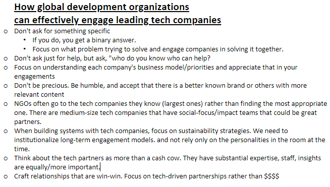 _couper's tweet photo. This was a fantastic #DevexPro session &amp; great facilitation by @catherinecheney. Here's the top advice on engaging tech companies that I took away from the panelists. #RoughNotes Which points resonate most w/ you? Any you disagree with? https://t.co/bu51hmtfp2