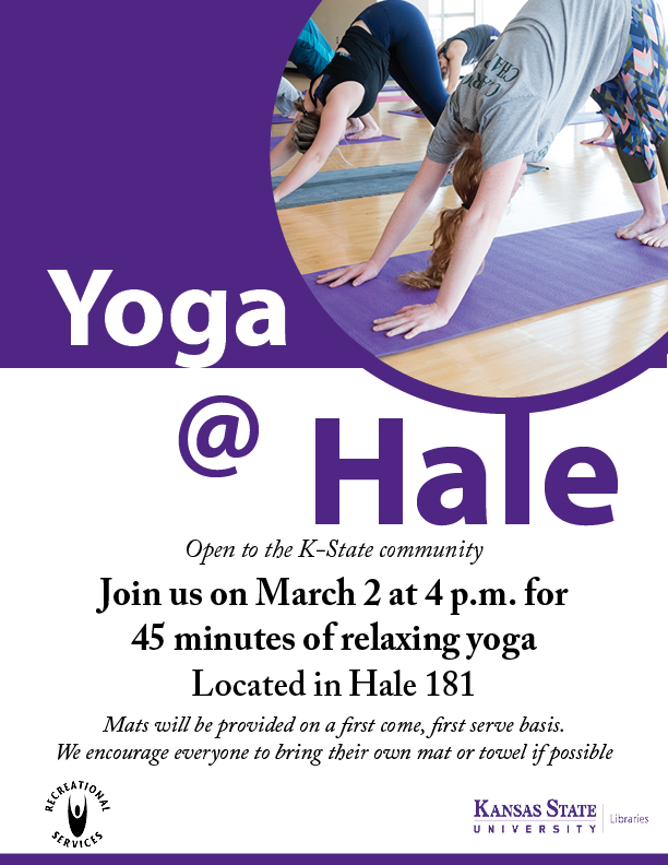 KStateRec's tweet photo. Hey, Wildcats, join us @kstatelibraries next Wednesday for yoga! At 4 p.m. March 2, we're hosting a 45 minute yoga class in Hale 181! #kstate #recservices https://t.co/tyNmM8IaWd