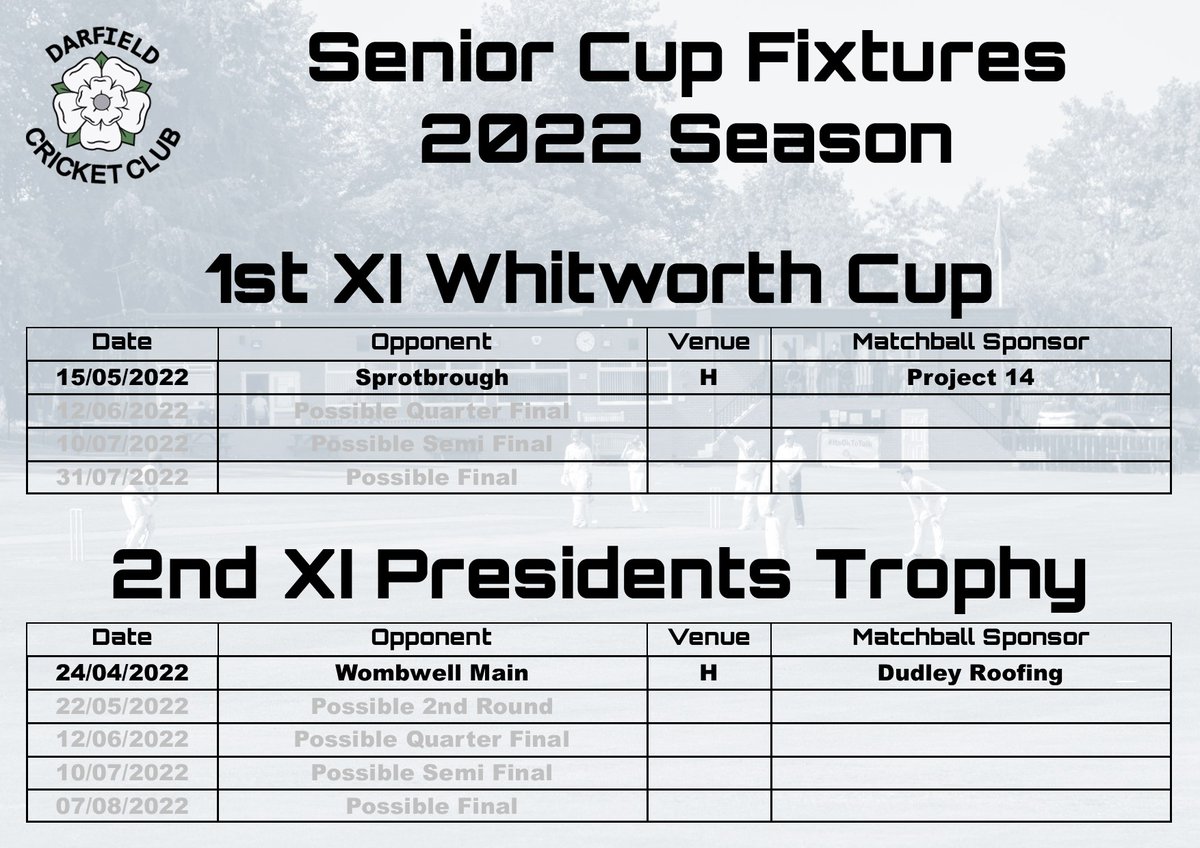 Both our 1st & 2nd XI's are involved in Cup Competitions this season.  Here are their first fixtures

#UptheDCC #1stXI #2ndXI #WhitworthCup #PresidentsTrophy