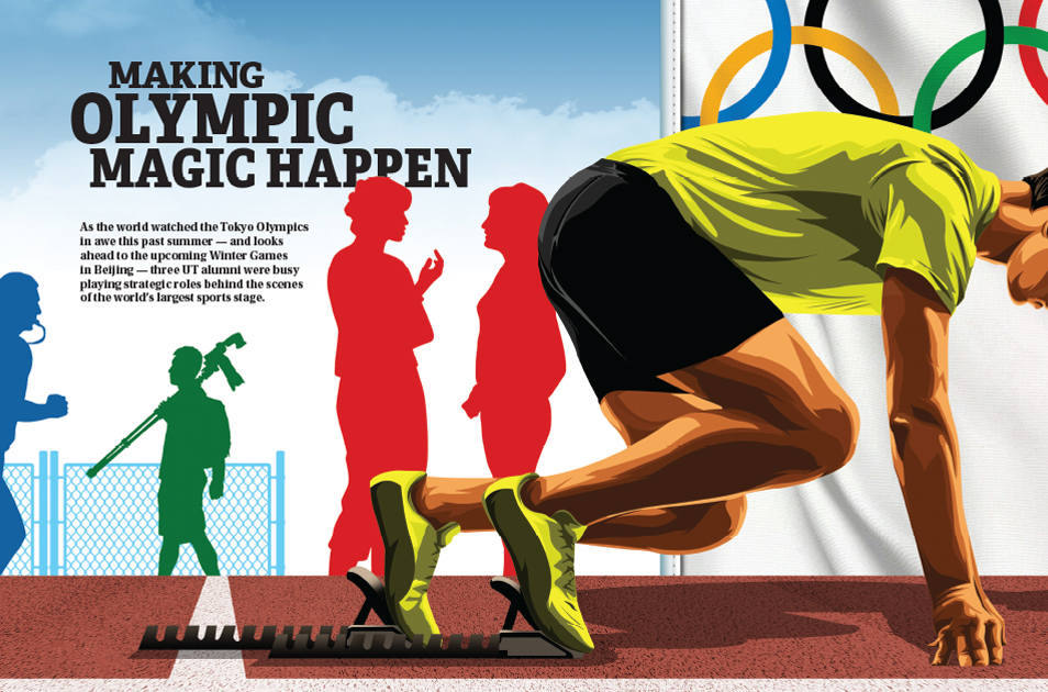janebianchi's tweet photo. This UT Journal feature covers three alumni who played strategic roles behind the scenes at the Tokyo and Beijing Olympics. One served as a strength/conditioning coach, another placed underwater cameras in pools and another translated for a TV network. https://t.co/nzrlEZfuVs https://t.co/hlW5JTN8ry