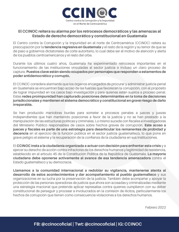 ccinocoficial's tweet photo. Manifestamos nuestra preocupación por la persecución y criminalización de jueces y fiscales en Guatemala. 
Instamos a la ciudadanía a oponerse a estos retrocesos democráticos y pedimos a la comunidad internacional que redoble su acompañamiento en el país:
https://t.co/d7JHmTkzOZ https://t.co/TuQlDBbV60