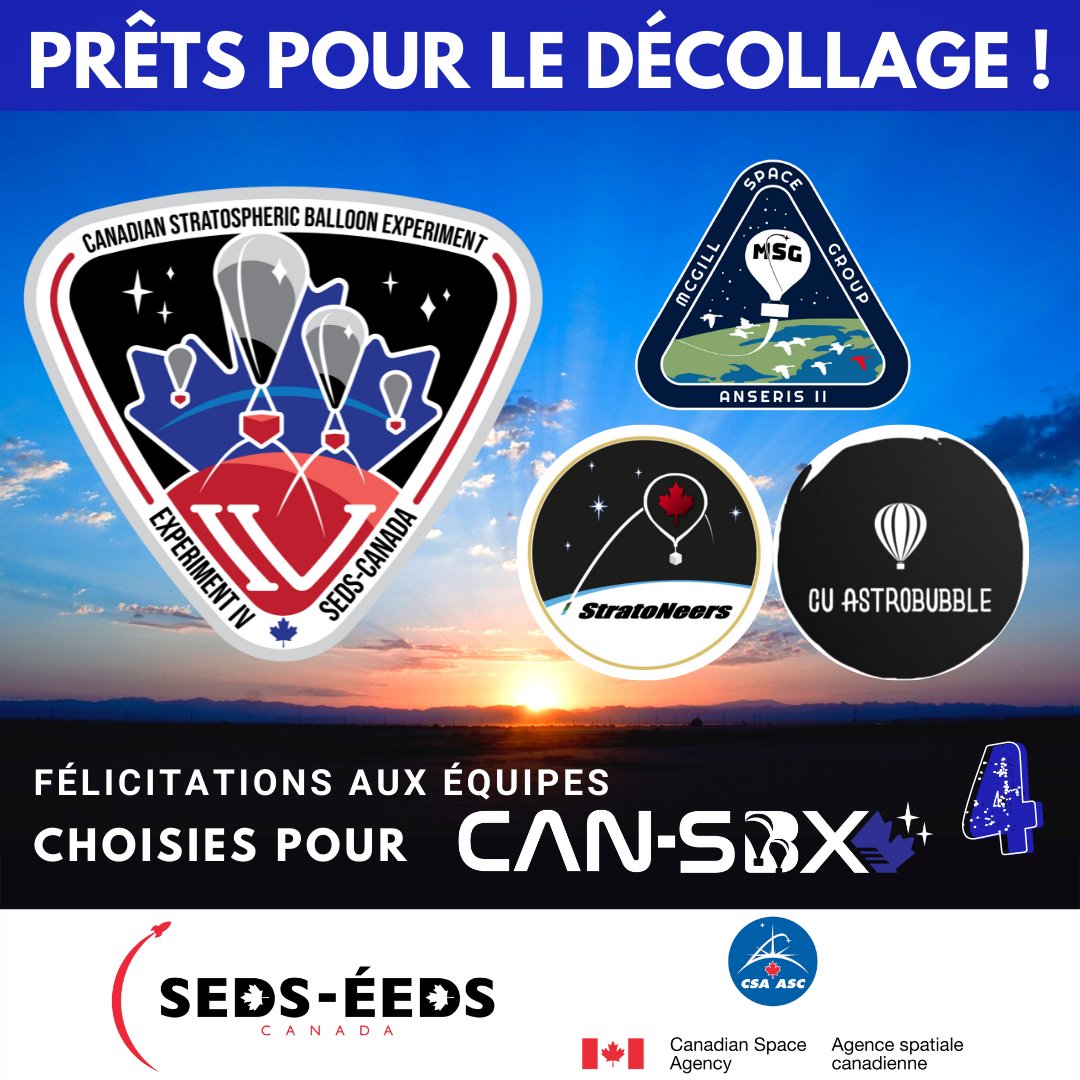 sedscanada's tweet photo. Nous sommes heureux d'annoncer que trois équipes ont été sélectionnées pour construire et lancer leurs charges utiles sur le ballon stratosphérique de @asc_csa dans le cadre du défi de conception 2022 #CANSBX! Pour en savoir plus, cliquez ici: https://t.co/xqwb57Q9Ou https://t.co/4VuVsT7xEP