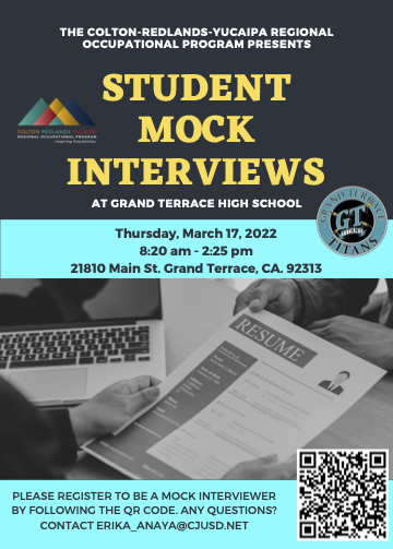 Do you need practice for an upcoming interview? Register for a Mock Interview with erika_anaya@cjusd.net by registering @ docs.google.com/forms/d/e/1FAI… or scan the QR Code! These Mock Interviews will take place on Thursday, March 17th from 8:20am-2:25pm at GTHS. #CJUSDCTE