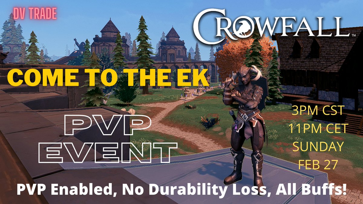 BattleVortex's tweet photo. Get Hype Crows! Dark Vortex (DV Trade EK) will be having their first Open House, PvP Free-For-All on February 27, 2022 at 3PM CST. 5 Arenas, Vendors, fun and bandaids for everyone! All Crows are welcome! @Crowfallpod @CrowfallGame @CF_Pantheon #crowsofafeather https://t.co/MVVaWAk2nU