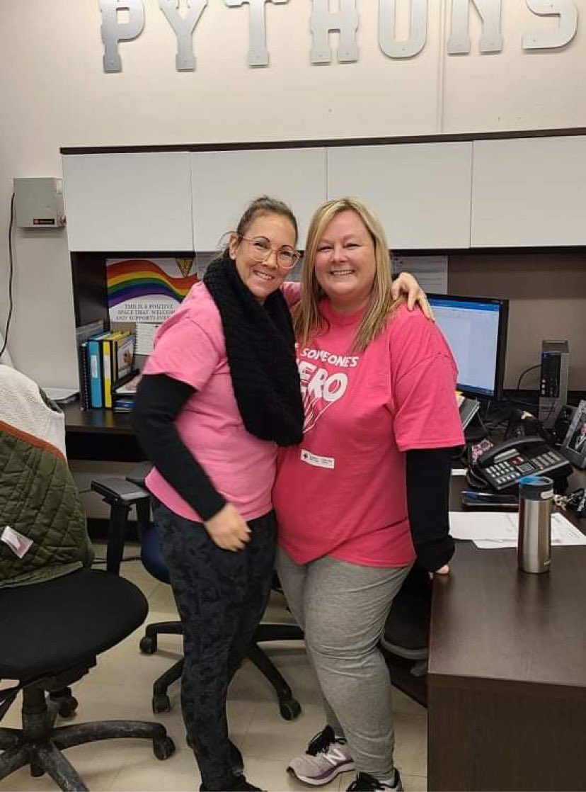 Ms. Kendra and Ms. Teena are looking pretty in pink today! Their warm greetings and unwavering support always help to make SPJH a welcoming, safe environment for our students and staff! #BeAnUpstander <a href="/SPJHPythons/">SPJH</a>
