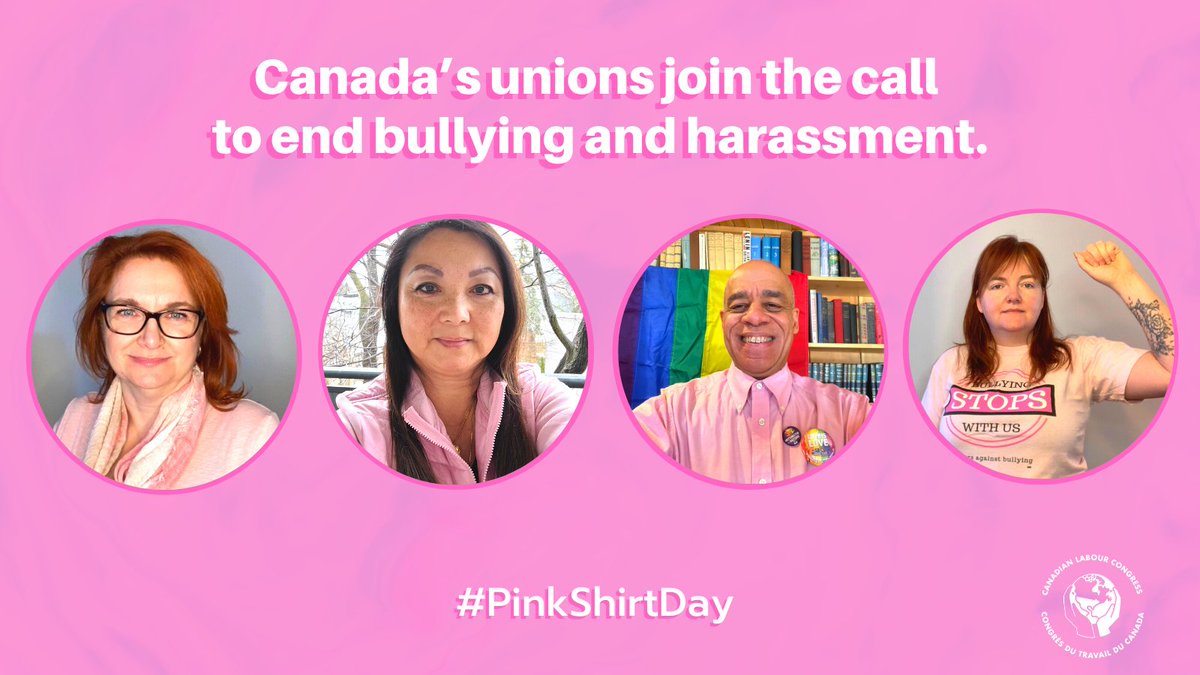 CanadianLabour's tweet photo. #PinkShirtDay is an initiative to address homophobic and transphobic bullying and celebrate acceptance, respect and inclusion. Work should be safe for everyone. #canlab #cdnpoli #LiftEachOtherUp https://t.co/M7VkslDyti