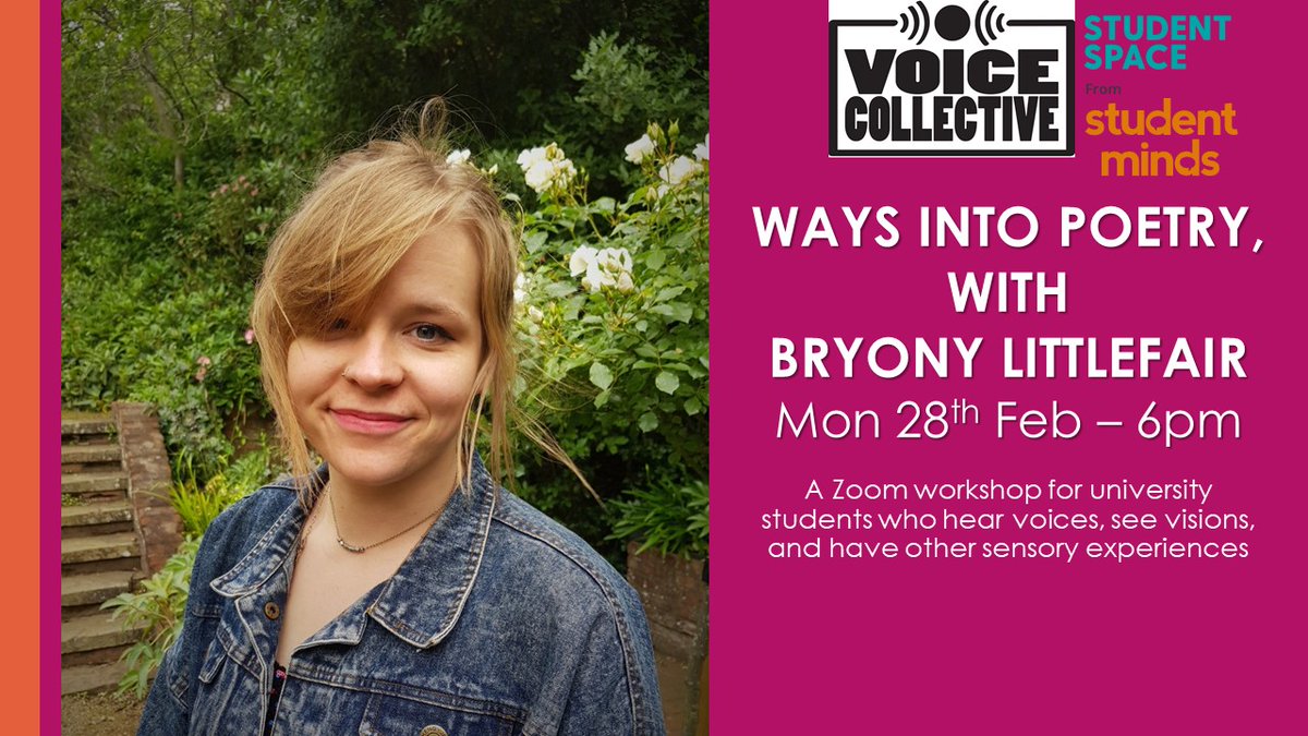 ‘Ways into Poetry’ is for university students who hear voices, see visions, have other unusual experiences or beliefs. With a ‘poetry pack’ designed especially for Voice Collective, poet &amp; facilitator <a href="/B_Littlefair/">Bryony Littlefair 💥</a> will explore ways into poetry with us 😃eventbrite.co.uk/e/ways-into-po…