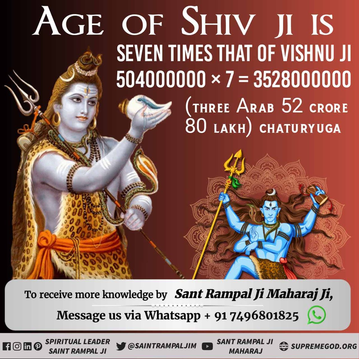 santanr74281934's tweet photo. #Age_Of_Deities
Bharma Vishnu Mahesh age
That is 
Age of Brahma is 100 years
Vishnu ji age is 7 times of BHARAMA ji is 700 years
Shivji ji age is 49 times Bharama ji is 4900 years.
Must watch sadhna T.V.7:30pm
@SaintRampalJiM https://t.co/zCvyFa2hul