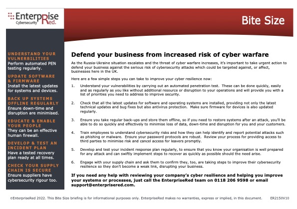 Enterprise_Red's tweet photo. The situation is escalating between Russia and Ukraine causing global fears. One potential weapon is #cyberattacks, which could directly impact businesses in the UK.  To avoid being caught out, these are simple steps every business should take to improve cyber resilience: https://t.co/zt8PSNUxp2