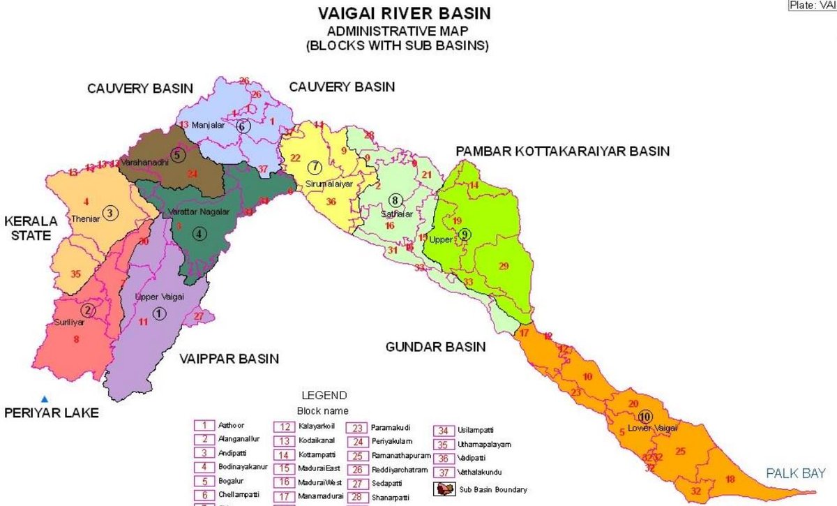 TNGeography's tweet photo. #Mullaperiyar dam contribute 17-22TMC water into Vaigai, that is ~50% of the river surface water. Through tunnel, Mullaperiyar water is diverted to Vairavanar, a tributary of Suruliyar. Mulla periyar contribute >70% surface water to Vaigai river from its origin to #Madurai 2/2 https://t.co/n1m5isfOEP