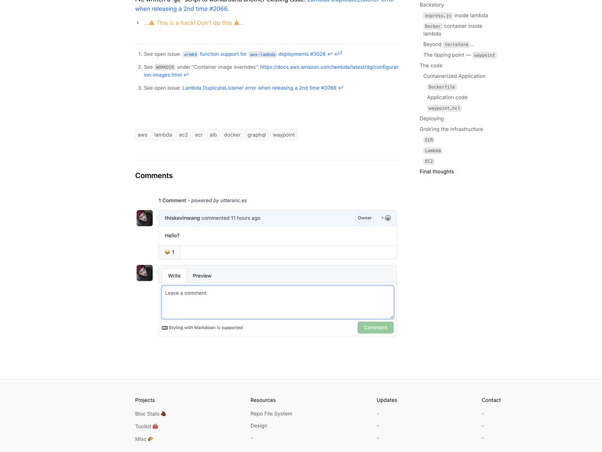 thekevinwang's tweet photo. Comments popped up on my blog, seemingly overnight! 😆... Also, #utterances is awesome.

https://t.co/XoQPdUIWHa

#blog #techblog #comments https://t.co/D5qHeGNN47