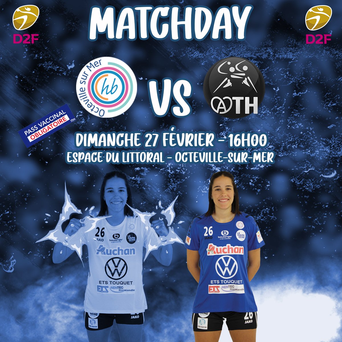HB_Octeville's tweet photo. 👉 D2F - Journée 16 🤾♀️ #TousEnBleu
📆 27 février ⏰ 16H00 🔜
🏟 Espace du Littoral 📍 Octeville-sur-Mer
🆚 @ath_handball #teamHBO ⚫🔵
ℹ Pass vaccinal & port du masque obligatoires
📲 Live-score LFH 👉 https://t.co/UvT8ifuRqD
#TousEnBleu #GoHBO #D2F #J16 https://t.co/OPJTmAP80P