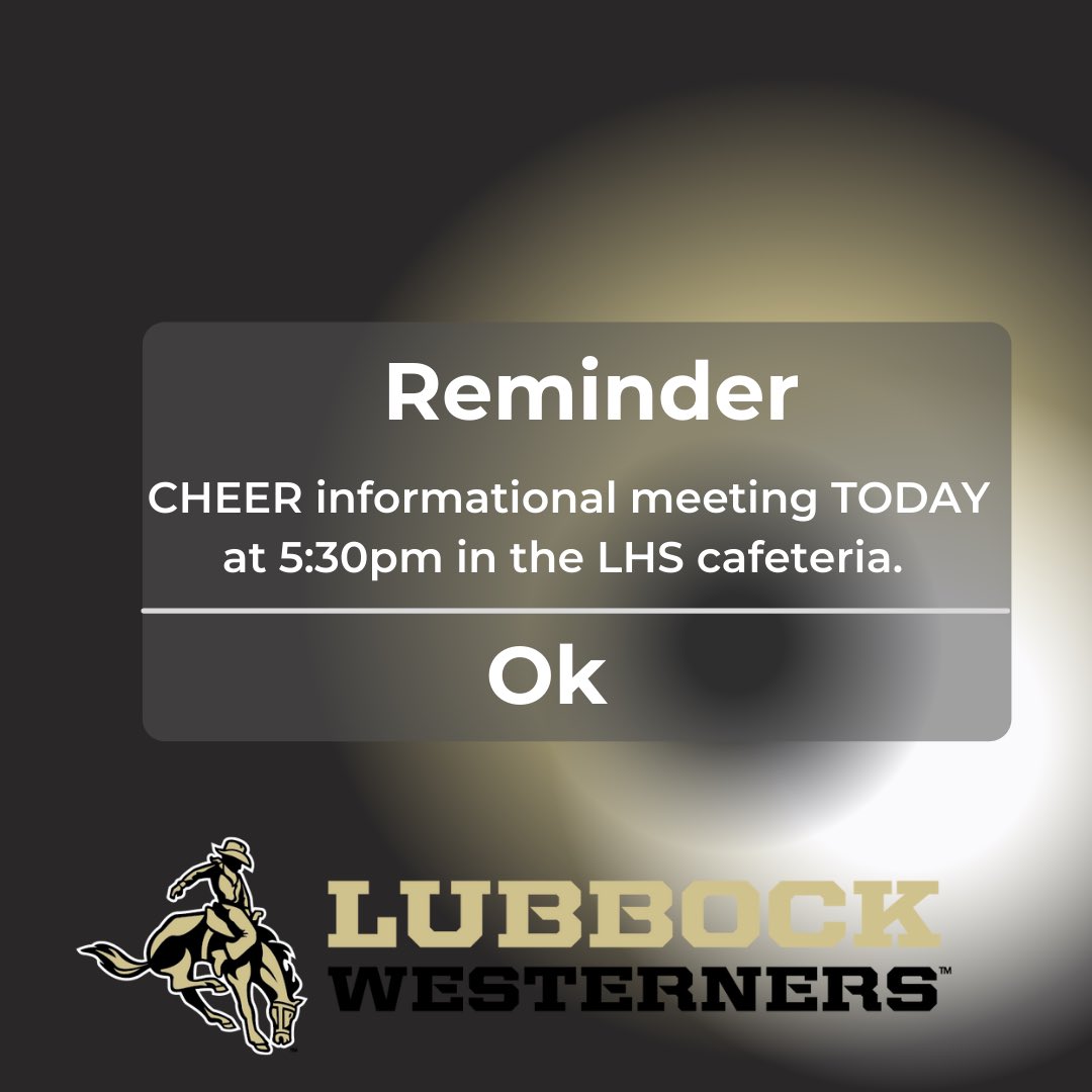 Attention 🗣🗣 : Reminder that cheer tryouts are coming up. There will be an informational meeting today at 5:30pm in the Lubbock High cafeteria. Tryout packets will be available. Applications are DUE MARCH 11th by 4:00pm.