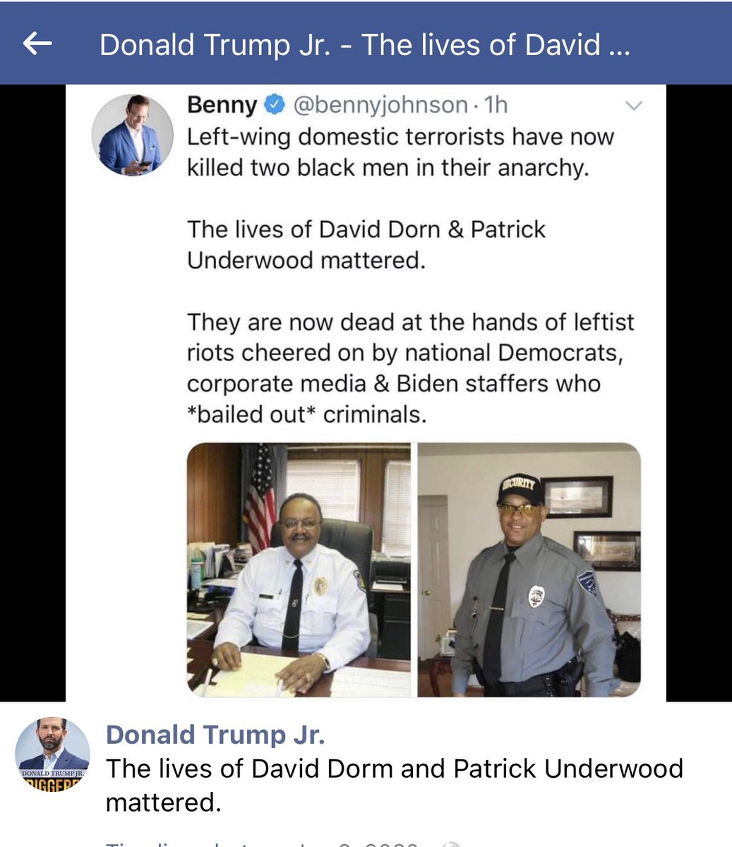 That time @DonaldJTrumpJr and @bennyjohnson falsely accused left wing groups of killing David Patrick Underwood during the George Floyd Protests. Also it wasn’t left wing anything who killed David Dorn. #Antifa https://t.co/ZHAWpkvKMb