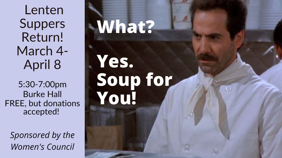 #LentenSuppers return every Friday. Join your friends in Burke Hall 5:30-7:00pm. Stay for Stations of the Cross at 7:30pm.  Dinner is free, but donations gratefully accepted. This week: SOUP <a href="/STMSchoolVAUSA/">St. Thomas More Cathedral School</a> 
#Lent #fellowship #walkwithChrist