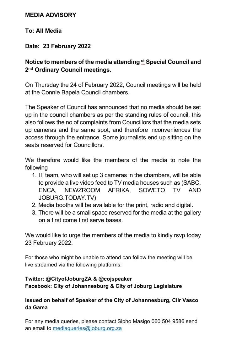 chairpersons_c's tweet photo. Good afternoon Ladies &amp; Gentlemen, kindly reserve media notification for a 2nd Ordinary Council meeting for 23 February 2022
@CityofJoburgZA @CoJSpeaker @MphoForMayor @joburg_city https://t.co/cUkU1xNuuX