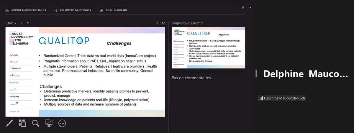🔵Delphine Maucort-Boulch, Qualitop's project coordinator is currently giving an overview of the project at the #CS_AIW event.

💡She emphasizes the importance of listening to patients and their relatives in order to receive their feedback on risks and recommendations.