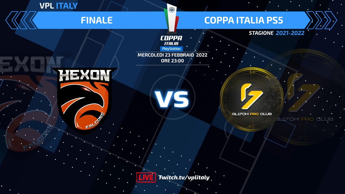 #PlayStation 
💥Serata da non perdere stasera💥

🏆Finale Coppa Italia🏆

💰300.000 vcs
🕒22:30 🎮#Playstation4
<a href="/HawksProClub/">Hawks Pro Club</a> 🆚 <a href="/EvoluteProClub/">Evolute Untitled</a> 

💰200.000 vcs
🕒23:00 🎮#Playstation5
@gl17chproclub  🆚 <a href="/FalconsVPC/">FALCONS</a> 

Casting: <a href="/QuiVPL/">#QuiVPL</a> 

#ProClubItalia #FIFA22