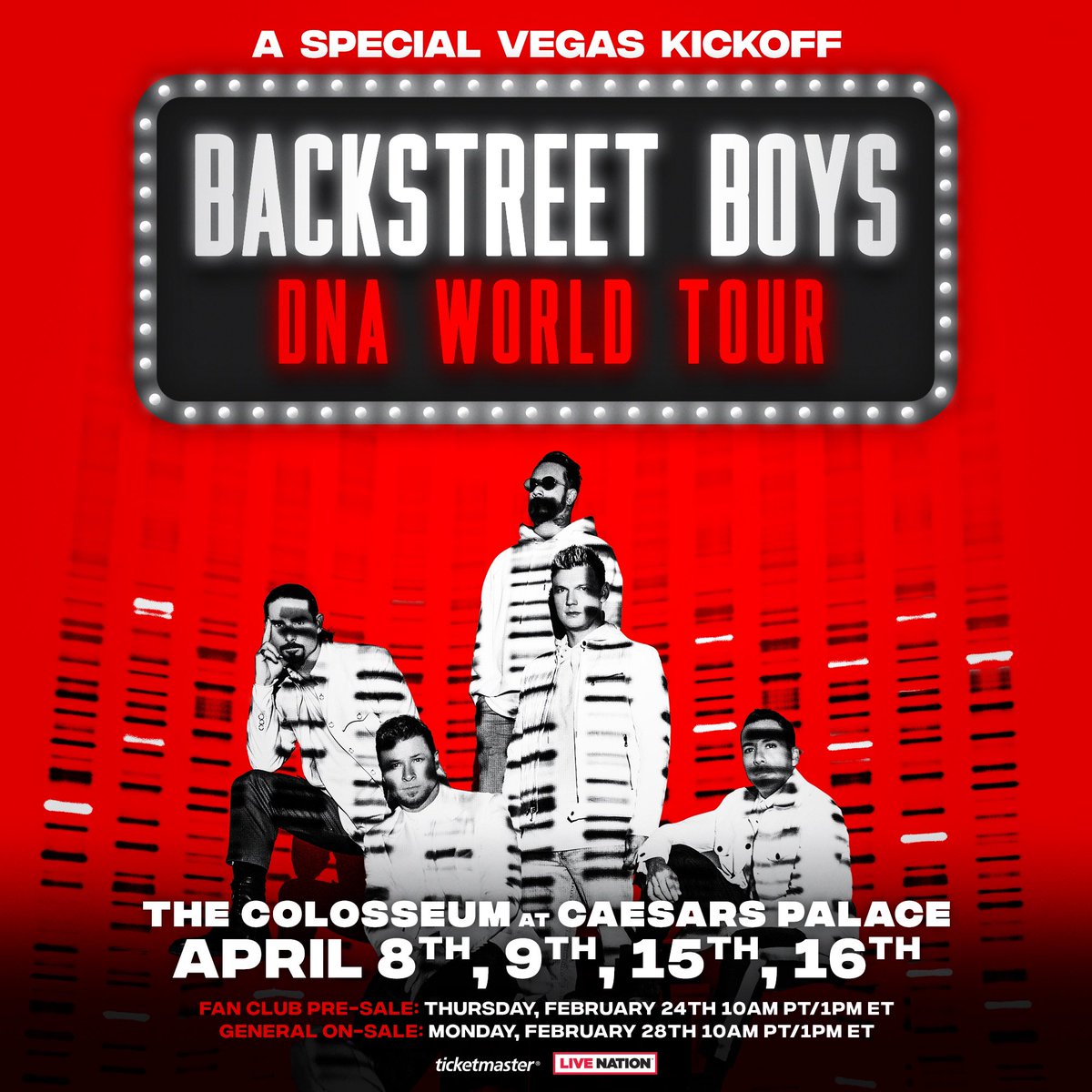 nickcarter's tweet photo. We’re heading back to Vegas, baby!! Kick off the #DNAWorldTour2022 with us this April 8th, 9th, 15th and 16th at The Colosseum. Get your pre-sale tickets tomorrow at 10am PT/1pm ET. We can’t wait!! 🥰 https://t.co/8fHH0xbZcu