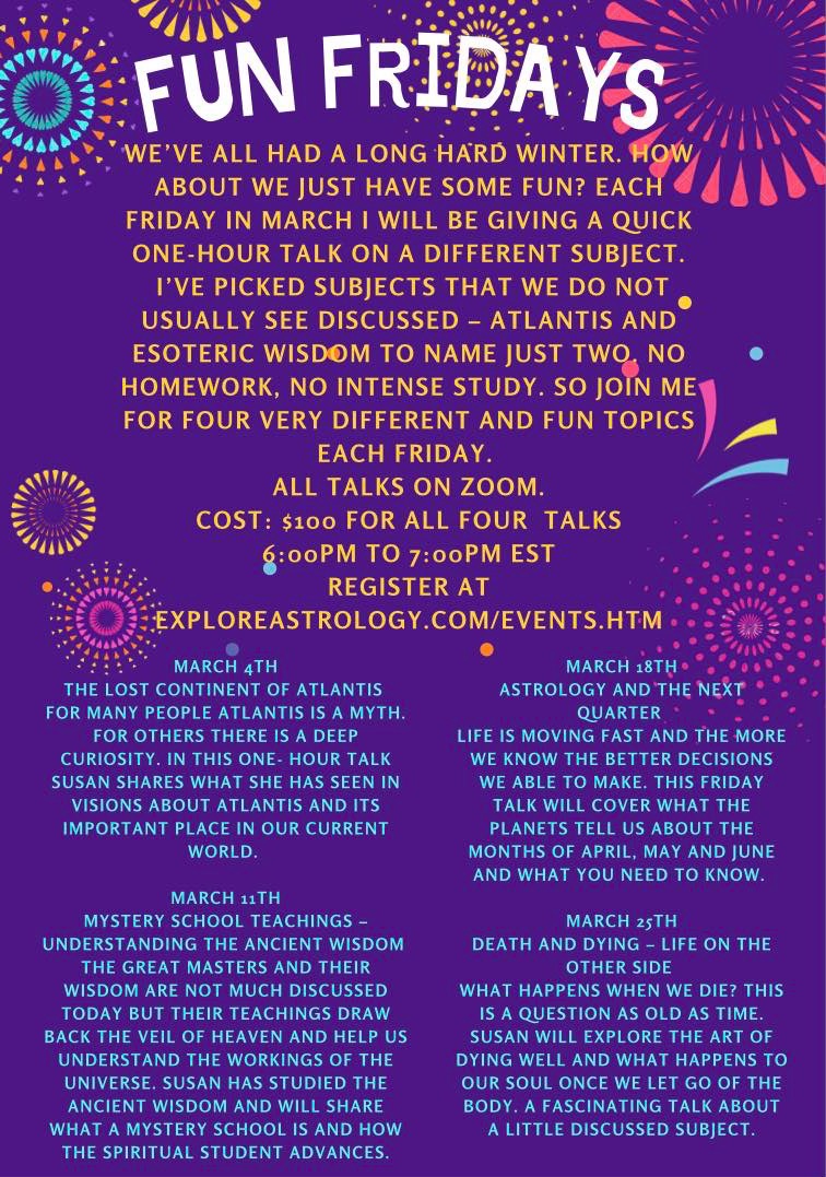 SusanRe84596158's tweet photo. Join me for Fun Fridays starting Friday March 4th! Grab a glass of wine or your favorite drink, and let's have some fun exploring Astrology subjects that intrigue and delight! Book here https://t.co/DGeUxlA4J0 https://t.co/ayaraejXyk