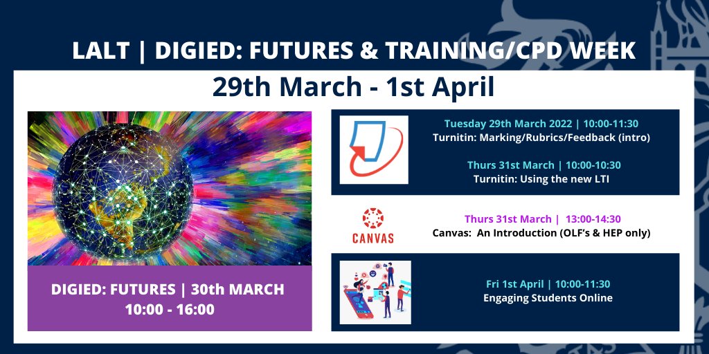LALT | DIGIED: FUTURES & TRAINING/CPD WEEK | 29th March - 1st April This year we are running training alongside our annual conference. More info about our events can be found here: digitaleducation.lincoln.ac.uk/digi-events/ Booking: Training - via MyView Conference - lncn.ac/defutures