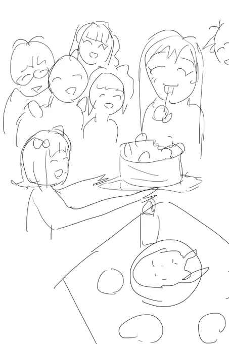 これは作画カロリーが高すぎるのでこれで許して &gt; 事務所のみんなに誕生日をお祝いされてちょっと照れくさそうにケーキを食べる如月千早、など… #odaibako_4nnk0  