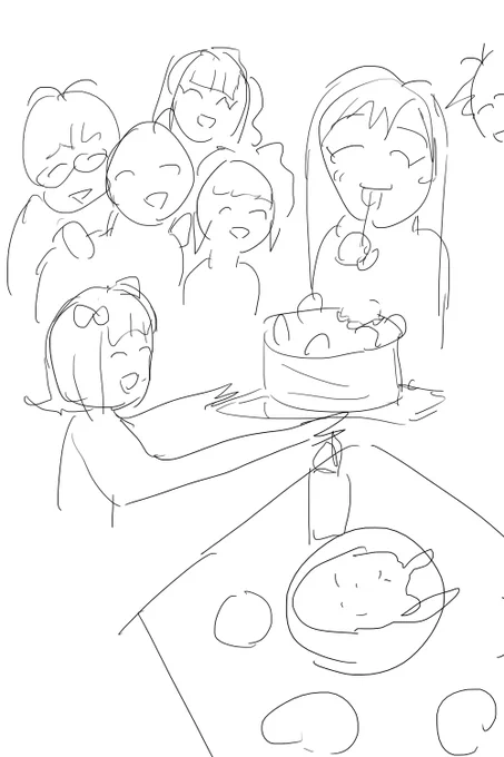 これは作画カロリーが高すぎるのでこれで許して > 事務所のみんなに誕生日をお祝いされてちょっと照れくさそうにケーキを食べる如月千早、など… #odaibako_4nnk0 https://t.co/wulxKlMkXM 
