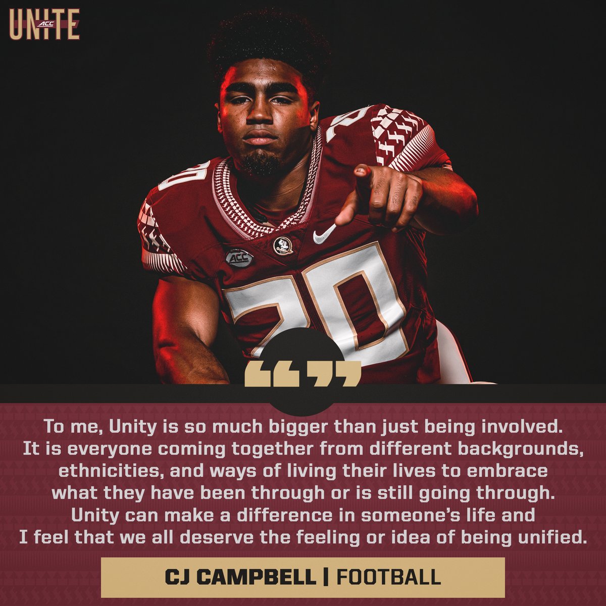 Seminoles's tweet photo. 𝙄𝙣 𝙏𝙝𝙚𝙞𝙧 𝙊𝙬𝙣 𝙒𝙤𝙧𝙙𝙨:
🗣 CJ Campbell ➡️ @FSUFootball 
🗣 Nina Kucheran ➡️ @FSU_Swimming 

#OneTribe | #UNITYWeek https://t.co/h1JQVTlOjV