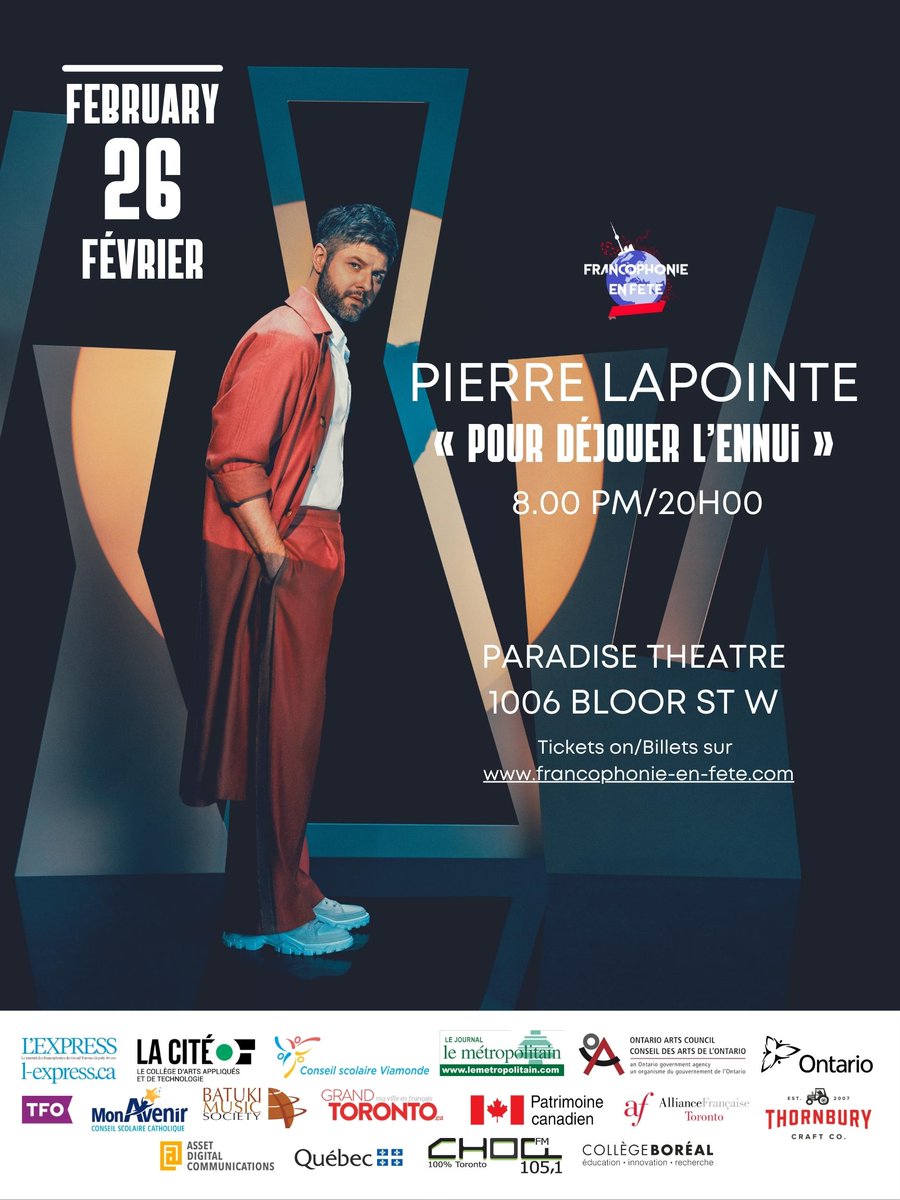QuebecToronto's tweet photo. Déjouez l'ennui avec le grand Pierre Lapointe, de passage à Toronto CE SAMEDI!😍

Un spectacle EN PRÉSENTIEL qui fais du bien, dans le cadre de Francophonie en Fête. 🎤🎼

🎟: https://t.co/U139kbDWJL 

#CultureQc #onfr #frcan #chansonquebecoise #QuebecRayonne https://t.co/faEGOf7WML