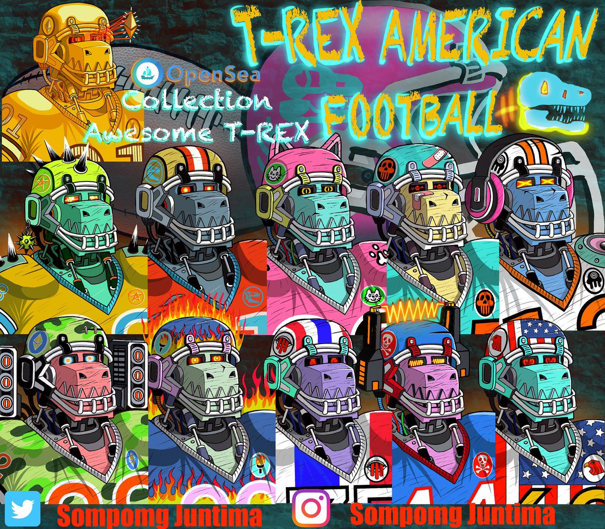 Collection  Awesome T-Rex 
T-rex robot in american football outfit
opensea.io/collection/awe…

 #nftcollectors #NFTCommmunity #NFTJapan #NFTartist #NFTTHAILAND #NFTThaicommunity #Silverpig7 #sompongNFT #SompongJuntima #artnft #nft