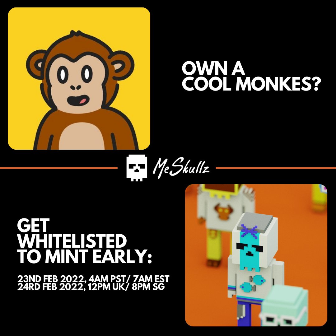 CMeskullz's tweet photo. @Bountying @CoolMonkes Hey mate, do you know something cool!
@me_skullz is Whitelisting the holders of CoolMonkes. Super cool right. You have to check it out at https://t.co/nbZZWuZqiW . https://t.co/x44pnlX0GE