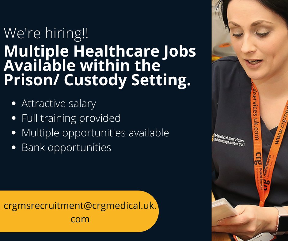 CRGMedical's tweet photo. We're Hiring! Head over to our website and take a look at our job search today. We are looking for experienced and registered Custody Nurses, Paramedics and Prison Nurses and Pharmacy Technicians! https://t.co/XixWU8Suws https://t.co/HTpoPyDnqO