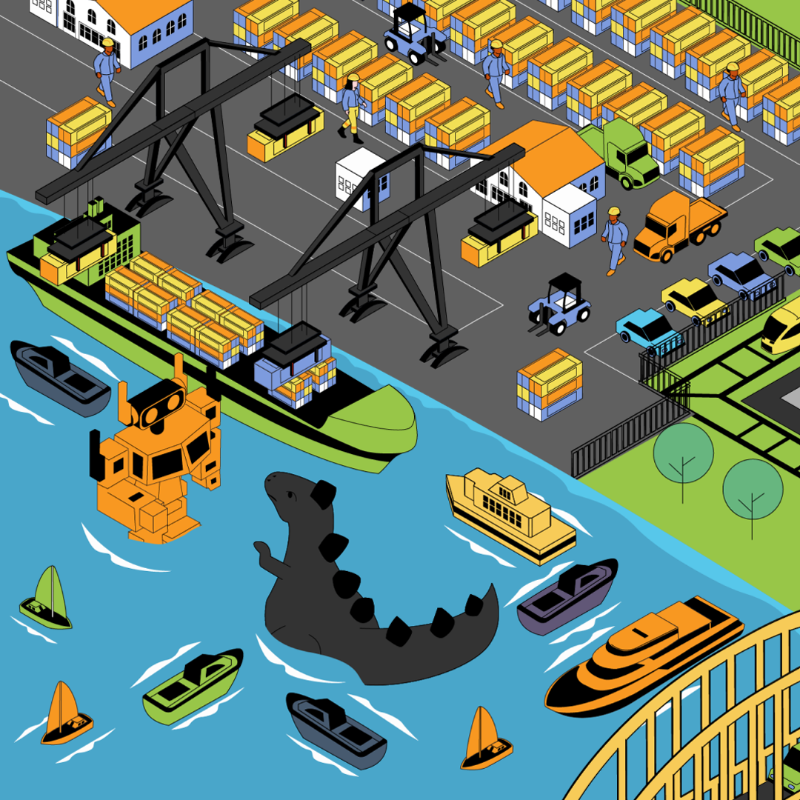 Cummins's tweet photo. From busy ports to the big cities to down on the farms, @Cummins applications work hard to make our lives better. 

To celebrate National #EngineDay, we're challenging you to find all of the Cummins-powered applications at work in this busy port. Swipe 👉 to find them all!